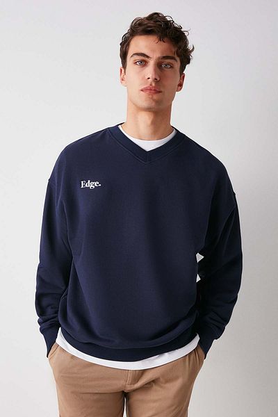 GRIMELANGE Off Men's Organic Cotton Text Embroidery Detailed V-Neck Fleece-Free Oversize Navy Blue Sweatshirt
