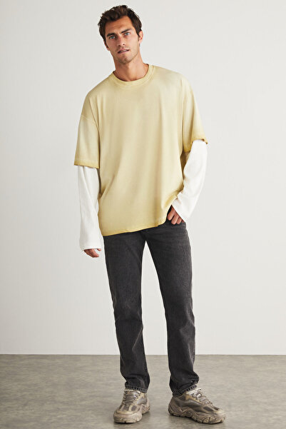 GRIMELANGE Deny Men's Long Sleeve Detailed Oversize Fit Loose Cut Crew Neck 100% Organic Cotton Light Beige T-Shirt