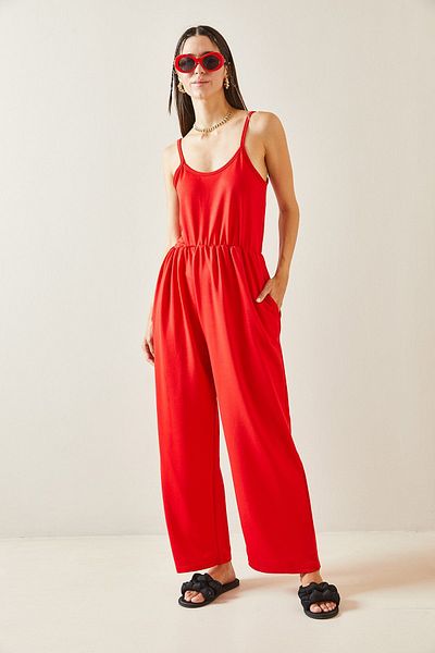 XHAN 5YXK6-48816-04 Model Red Thin Strap Maxi Jumpsuit