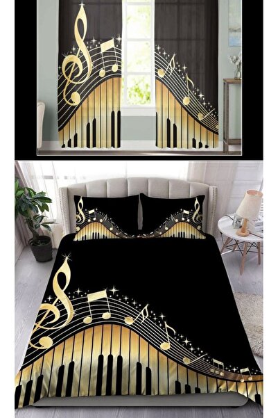 Elmas Dizayn طقم غطاء لحاف وستارة خلفية مزدوجة الطراز - 4 قطع باللون الأسود و...