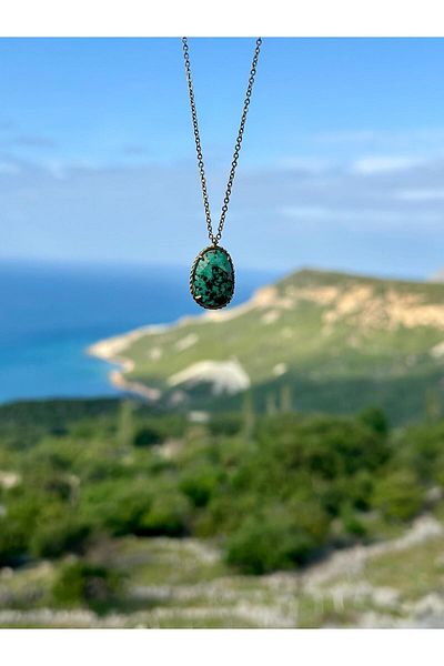 Gökçeada African Turquoise (FIRUZE) Natural Stone Embroidered Necklace - Non-Tarnish Chain