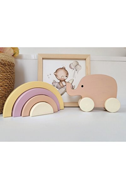 tinyminywoods gökkuşağı waldorf ve sevimli fil ( 2 li set) ahşap oyuncak ahşap dekor bebek odası dekor oyuncak