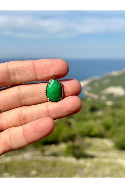 Gökçeada Jade Stone Natural Stone Embroidered Necklace - Non-Tarnish Chain