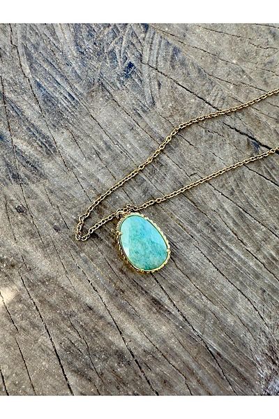 Gökçeada Amazonite Natural Stone Embroidered - Chainless Anti-Tarnish Necklace