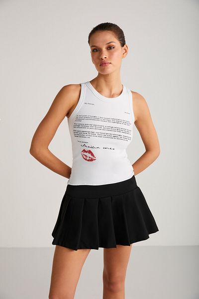GRIMELANGE Calluna Women's Fitted Mold Text Print Detailed Sleeveless Knitted White T-Shirt