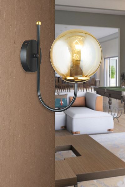 SONSUZ AYDINLATMA&AVİZE Black Ufo Bal Glop Glass Upward Facing Modern Sconce