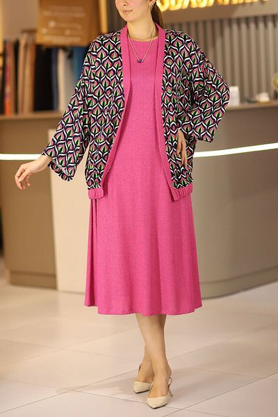 Samsara Women's Pink Large Size Satin Cardigan Over Knitted Dress
