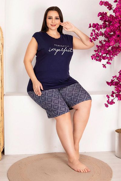 Yenimodam Navy Blue Color Print Lady 10418 Plus Size Shorts Pajamas Set