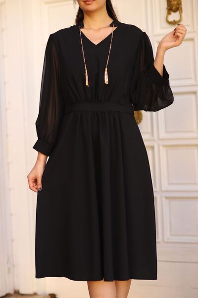 THE Q STUDİO Women's Black Midi Length Long Sleeve Plus Size Dress