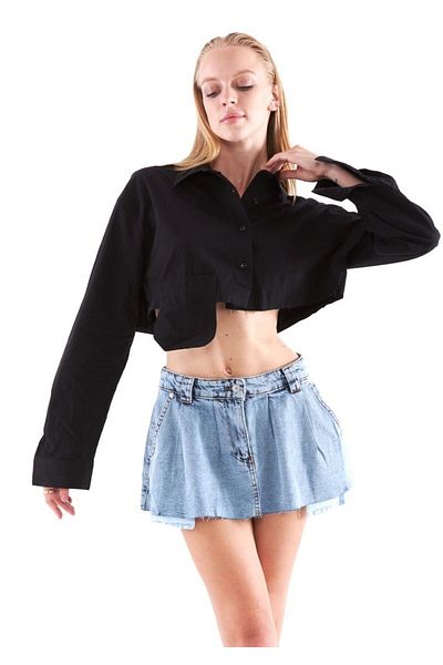 THIMOON Black Crop Shirt with Long Sleeve and Pocket Detail