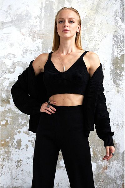 THIMOON Black Crop Blouse and Cardigan Pants Set