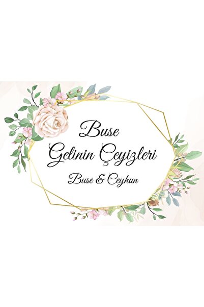 printiks Beyaz Gül Temalı Altın Renkli Çeyiz Koli Etiketi 10 Adet A4 Ebat Bas...