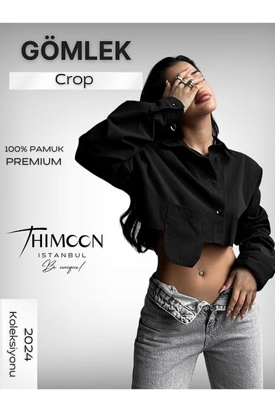 THIMOON Black Crop Shirt with Long Sleeve and Pocket Detail