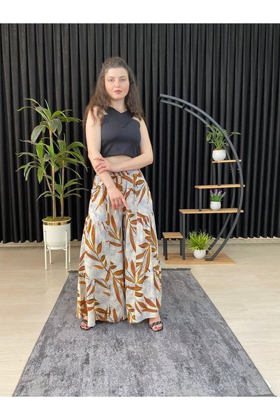 ESPOİRPLUS Women's Mustard Leaf Patterned Ruched Lycra Woven Pants Skirt