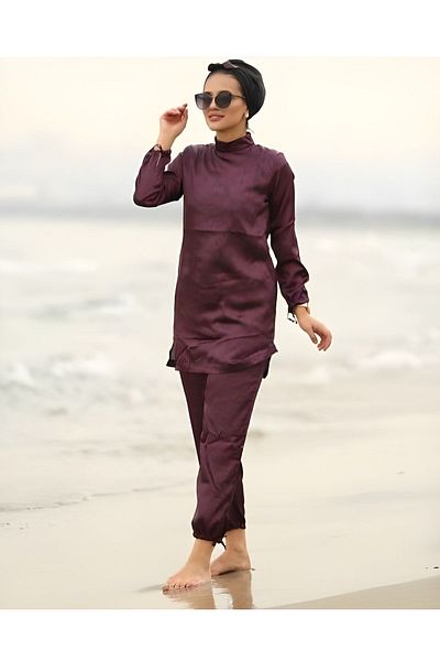 TrendParis Satin Hijab Swimsuit - Striped Design