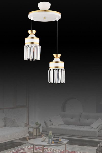 KARDELEN AYDINLATMA AVİZE Nairobi 2-Piece White Pendant Lamp with Crystal Stones and Yellow Strip Cylinder Downward Facing Luxury Chandelier