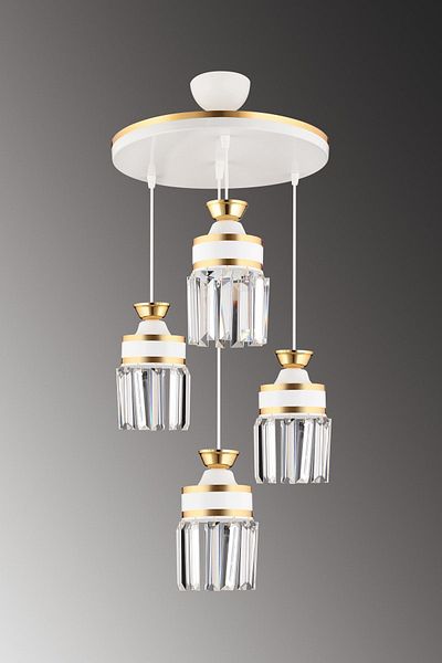 KARDELEN AYDINLATMA AVİZE Nairobi 4-Piece White Pendant Lamp with Crystal Stones and Yellow Strip Cylinder Downward Facing Luxury Chandelier