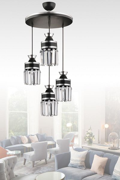 KARDELEN AYDINLATMA AVİZE Nairobi 4-Piece Black Pendant Lamp Crystal Stone Chrome Strip Cylinder Downward Facing Luxury Chandelier