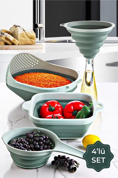 Vienev 4 Piece Accordion Strainer Set - Dowry Set 1x (FUNNEL, HANDLE STRAINER, SQUARE STRAINER, RICE STRAINER) Green