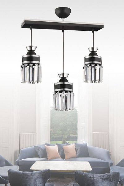 KARDELEN AYDINLATMA AVİZE Nairobi 3 Row Black Pendant Lamp Tray Crystal Stone Chrome Striped Cylinder Downward Facing Luxury Chandelier
