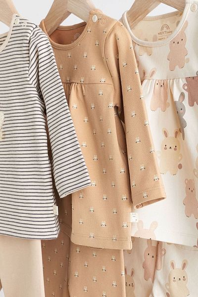 Next Baby 100% Cotton Brown Rabbit Patterned 3-Piece Top and Bottom Set