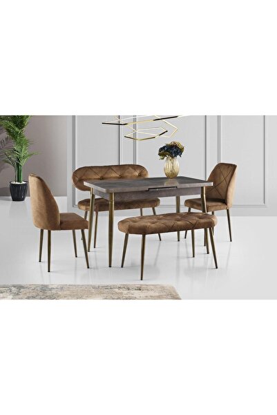 Levent Mobilya Aksesuar Ay Masa Ve Sandalye Bench Takımı, Kahve Gold, 120x70