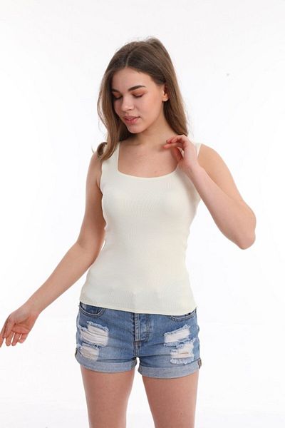 Pinpery Women's Bone Color Square Neck Strap Knitwear Blouse Athlete