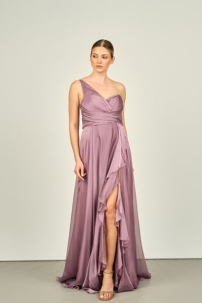 DORİDORCA One Shoulder Slit Ruffle Evening Dress - Doridorca 4082 Lavender