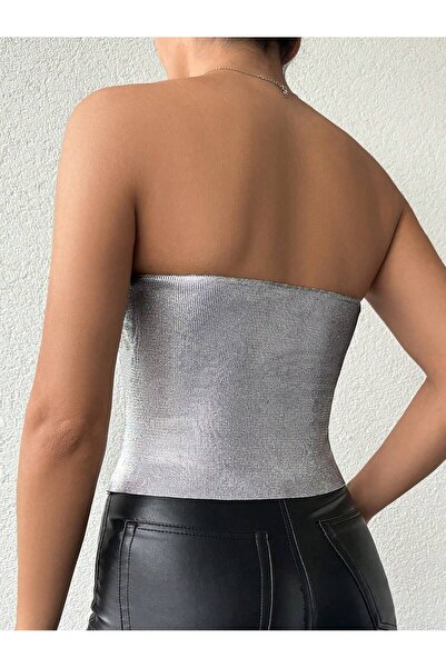 ATEMODAA Γυναικείο Crop Top Güllüklü, Ασημί από το φύλλο με τύπωμα