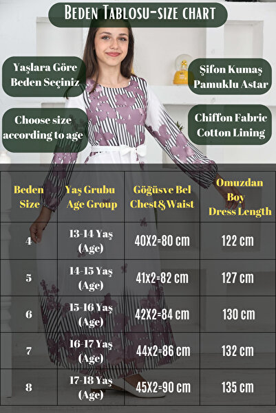 Asortik Kids Kız Çocuk Şifon Kumaş Pamuk Astarlı Tesettür Elbise