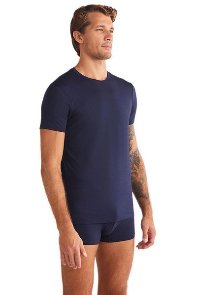 Kom Tricou pentru bărbați Enzo Navy Blue modal - Decolteu
