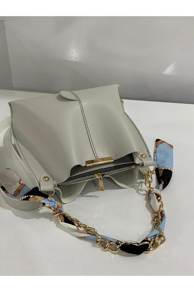 vagues Soft Leather Women's Bag - With Scarf, Chain Accessory, 3 Compartments, For Hand, Arm and Shoulder