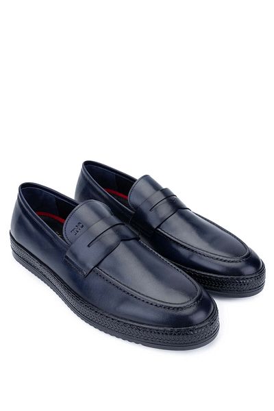 Tamer Tanca Navy Blue Genuine Leather Men's Loafer Shoes