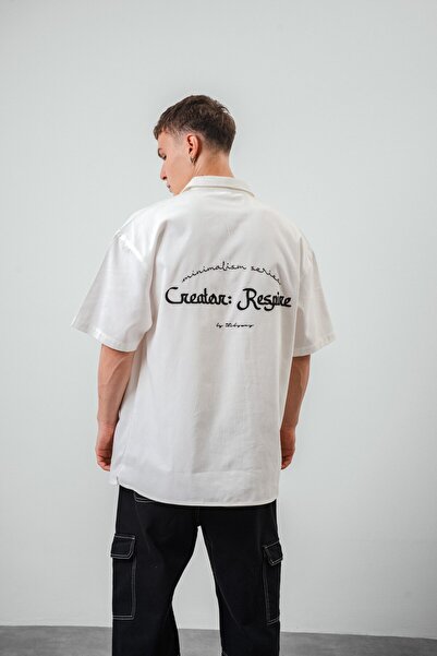 Respire Ecru Color Oversize Men's Shirt - Short Sleeve and Text Detail