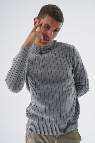 Trist Star Men's Gray Corded Wool Knit Sweater - Half Turtleneck, Hair Braided Back Sleeve, TRIST-5328