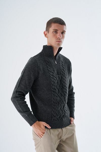 Trist Star Ανδρικό πλεκτό πουλόβερ με φερμουάρ Anthracite Half Fisherman - TRIST-5325