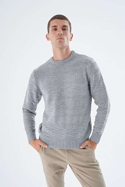 Trist Star Сірий трикотажний светр з візерунком баклава для чоловіків - велосипедний комір TRIST-5332