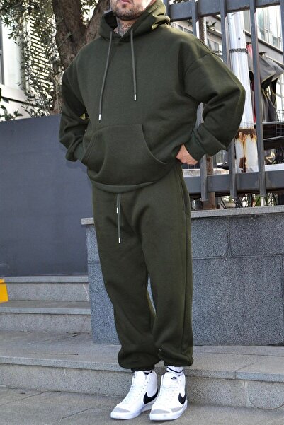 YAKAMEL Ανδρικό σετ φόρμας χακί με κουκούλα και ψηλόμεσο παντελόνι με λάστιχο