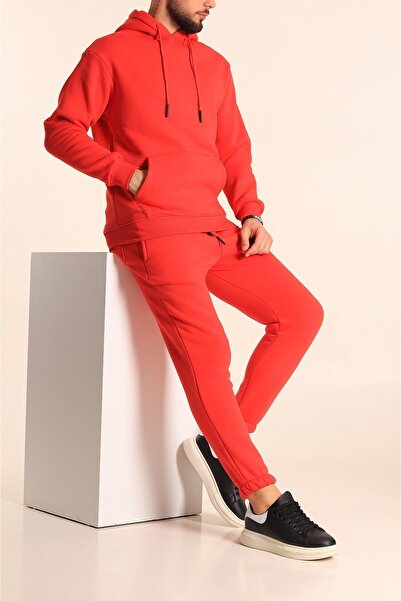 YAKAMEL Hooded Kangaroo Pocket Cotton Red Men's Tracksuit Set