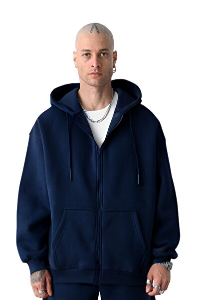 YAKAMEL Erkek Basic LACİVERT Unisex Tam Fermuar Sweatshirt Hırka