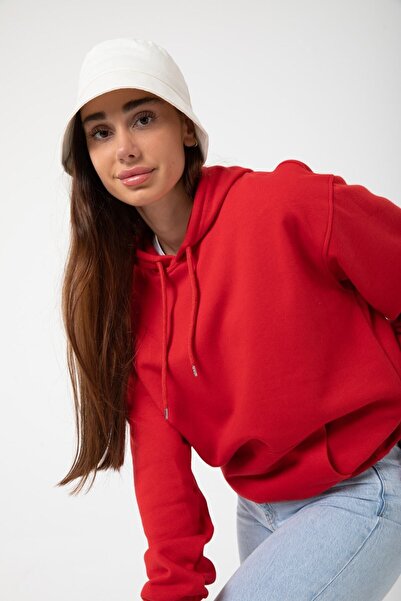 YAKAMEL Crvena ženska majica Flis - sa kapuljačom i Sa džepovima Oversize kro...