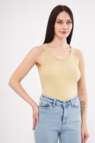 YAKAMEL ΜΠΕΖ Χρώμα Γυναικείο Αθλητικό Τοπ - Ριμπ Μπλούζα Βασικού Πλεκτού Σχεδ...