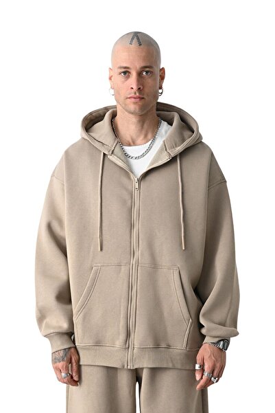 YAKAMEL Erkek Basic BEJ Unisex Tam Fermuar Sweatshirt Hırka