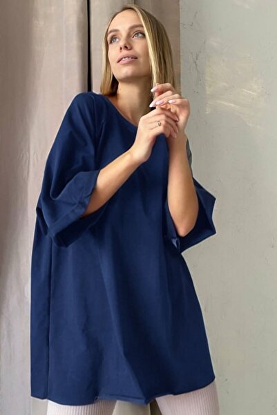 YAKAMEL Bluză de damă albastru marin, cu mânecă scurtă, croială lejeră, din b...