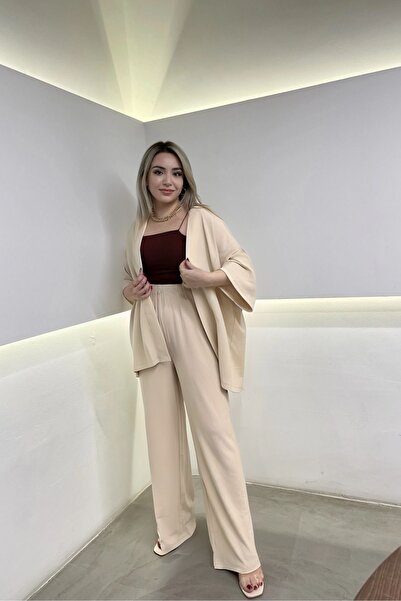 YAKAMEL طقم كيمونو نسائي باللون البيج - ساق واسعة