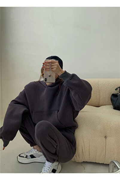 YAKAMEL KADIN  OVERSİZE İÇİ PAMUKLU PAÇASI LASTİKLİ EŞFOMAN TAKIMI