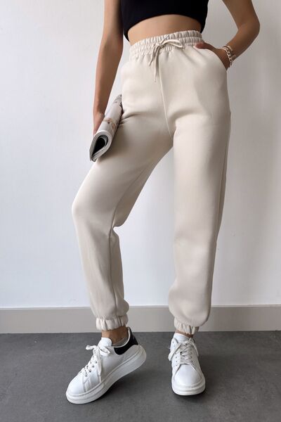 CMZ COLLECTİON بنطال رياضي نسائي بيج عالي الخصر بوف 3 خيوط مرنة الخصر