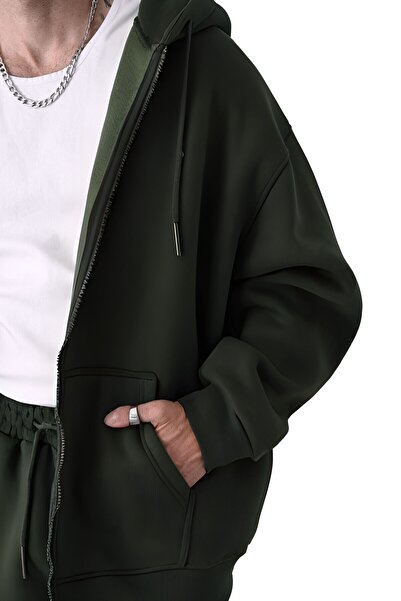 YAKAMEL Erkek Basic HAKİ Unisex Tam Fermuar Sweatshirt Hırka