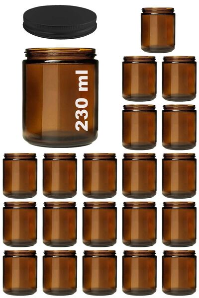 Afracam 230 ml Cam Kavanoz Amber Mumluk 230 cc Metal Siyah Kapaklı Mum Kavanozu Kahverengi 20 Adet