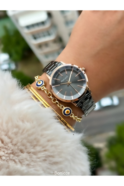 Ferrucci Marka , Rose Kadran , Çelik Kordon Kadın Kol Saati Nazar Boncuklu Bileklik